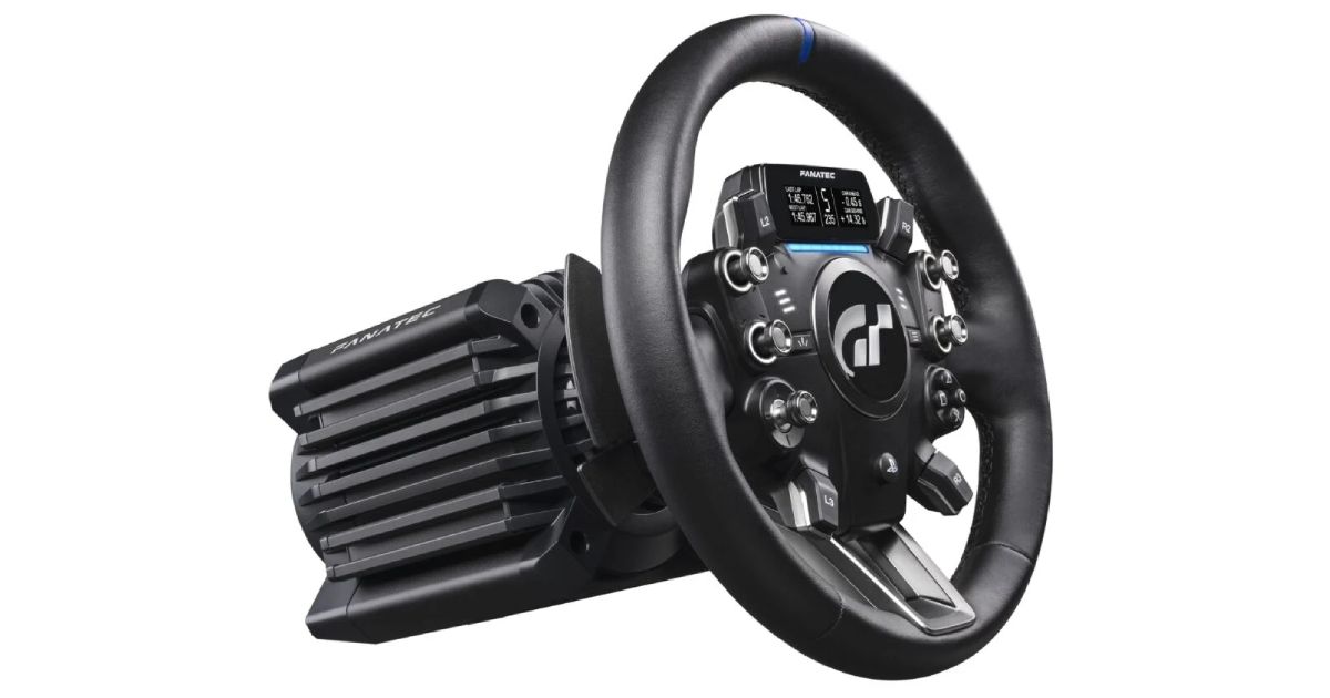 Fanatec Gran Turismo DD Extreme product image of a black racing wheel connected to a sizable wheel base. The wheel features a head up LED display.