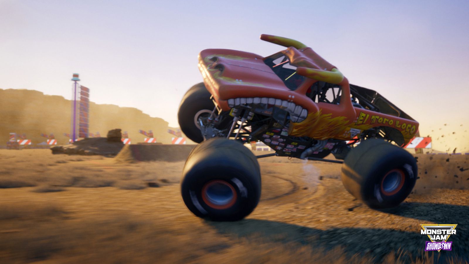 a monster truck is driving down a dirt road in a video game .