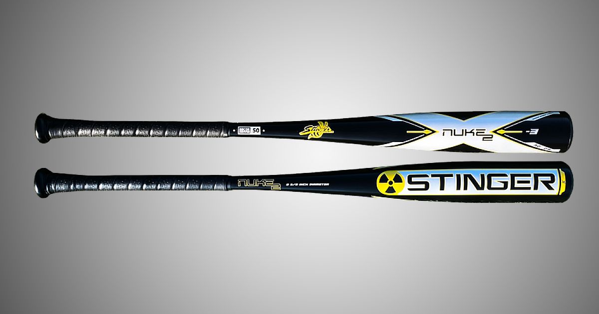 Stinger Nuke 2 BBCOR product image of a black and white bat with yellow details.