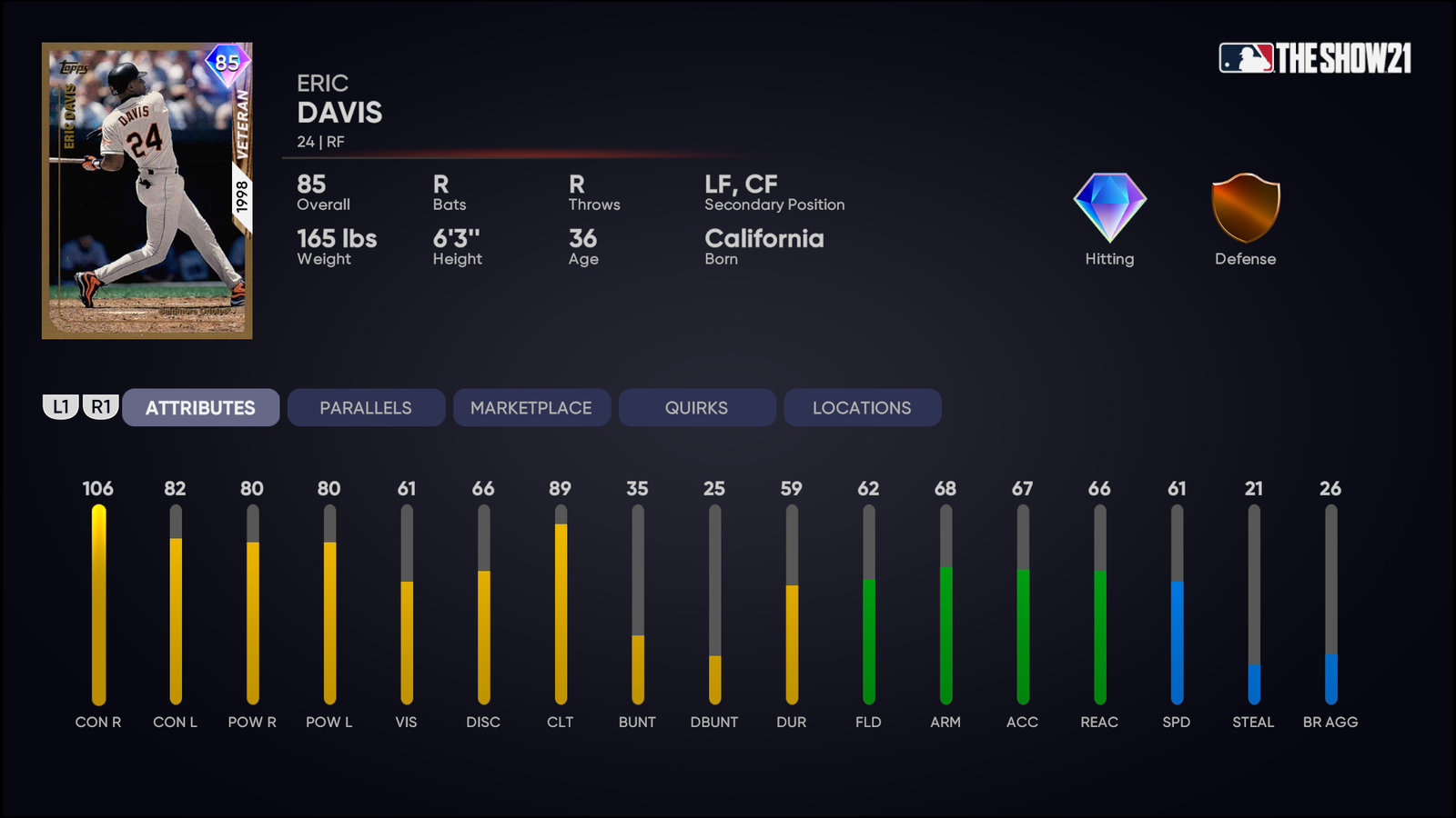 MLB The Show 21 Diamond Dynasty Eric Davis 1st Inning Player Program Stats