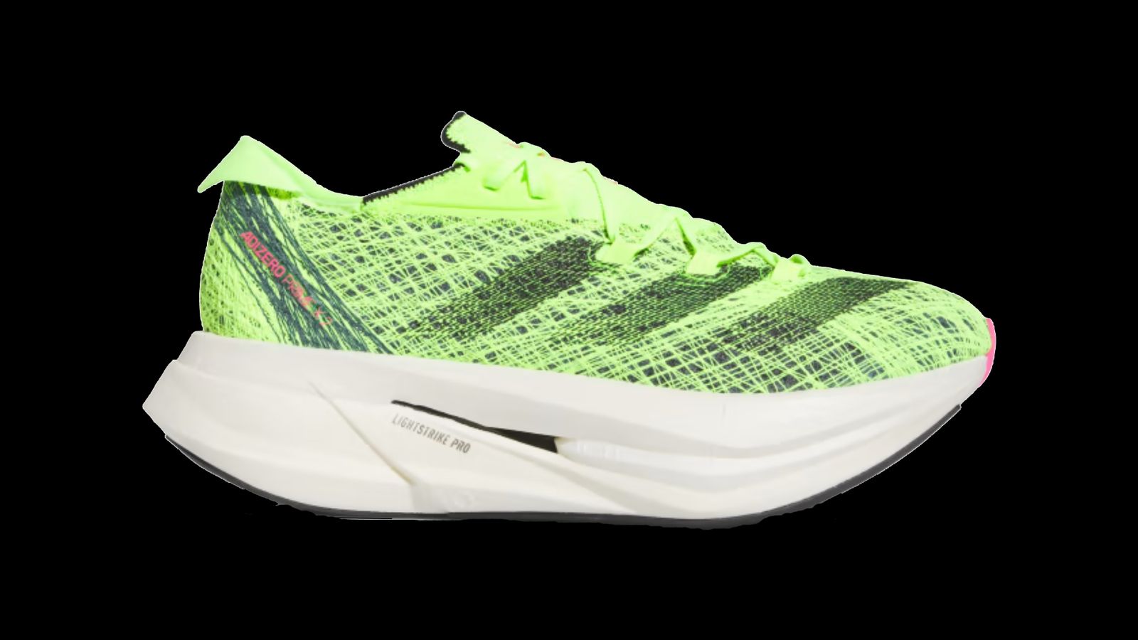 adidas Adizero Prime X 2.0 STRUNG product image of a lime green knitted running shoe featuring black details and an off-white midsole.