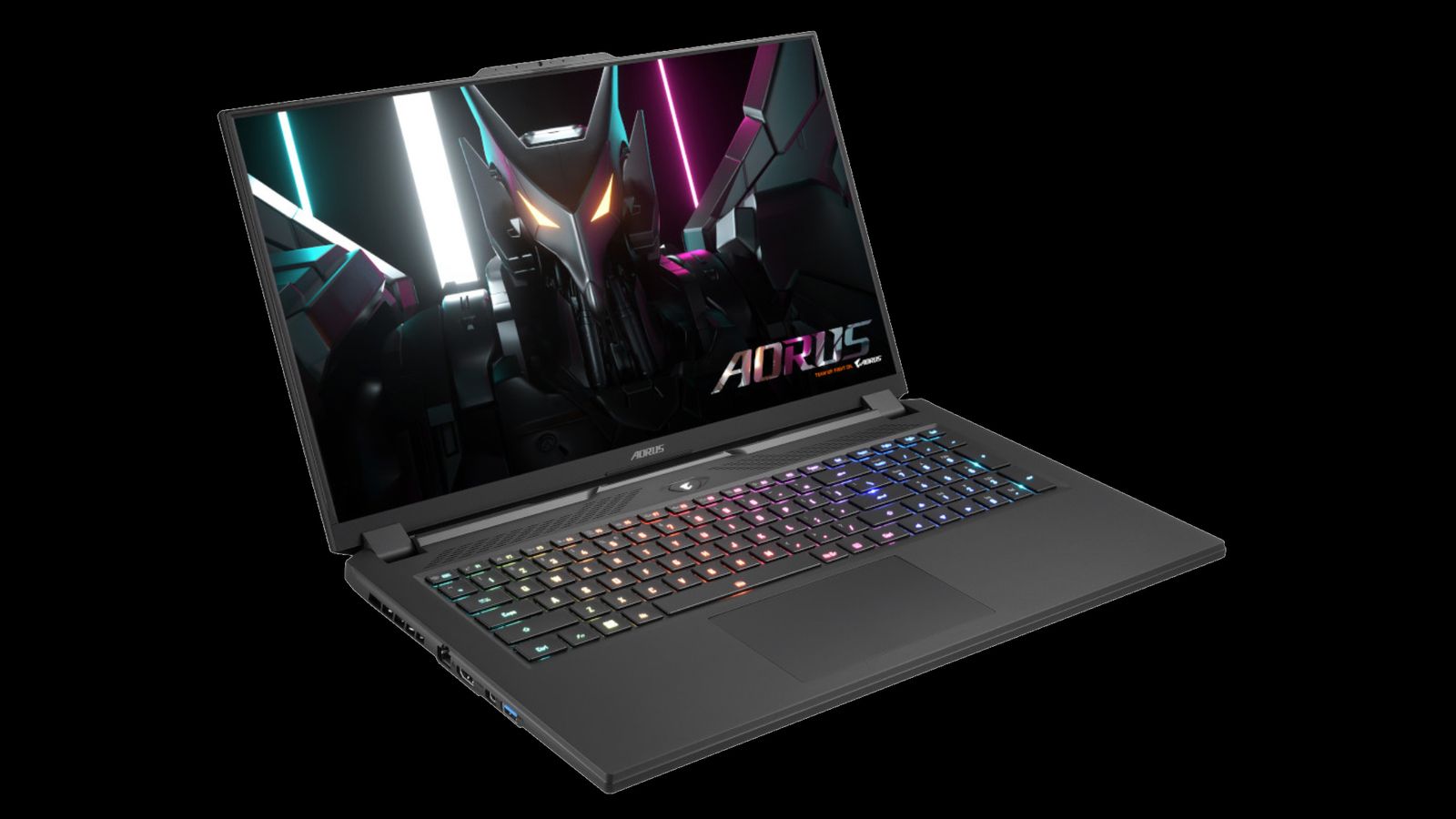 Gigabyte AORUS 17H product image of a black laptop with multi-coloured backlit keys and a mechanical animal on the display.