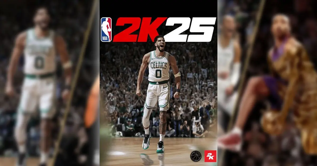 NBA 2K25 cover featuring Jayson Tatum in his white and green Celtics gear.