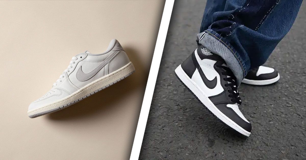 A cream Jordan 1 low-top on one side of a white line. On the other, someone in blue jeans wearing a black and white pair of Jordan 1 Highs.