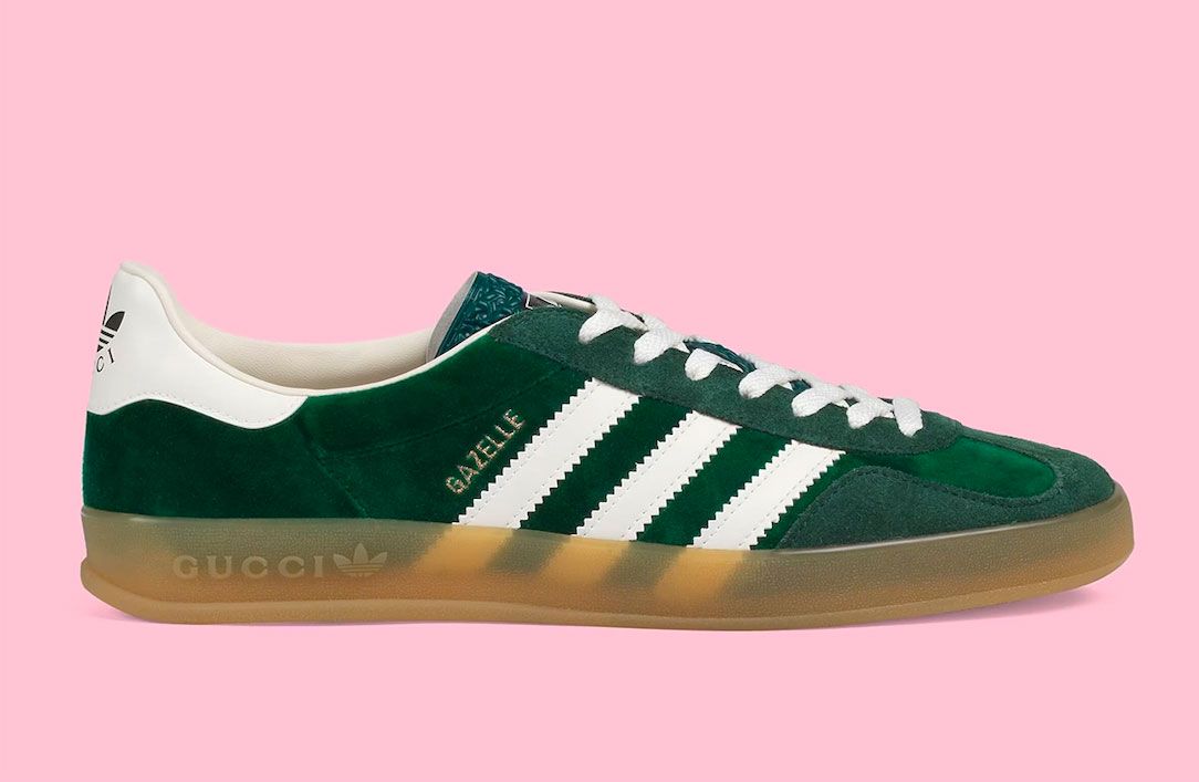 Gucci x adidas Gazelle product image of green suede sneakers.