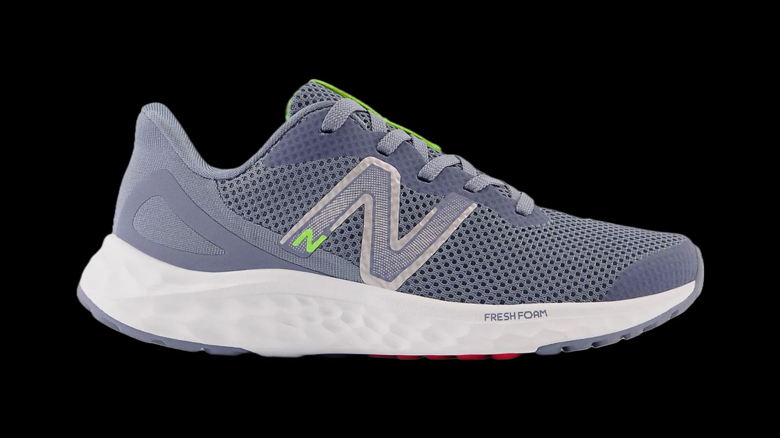 New Balance Arishi v4 product of a grey sneaker with fluorescent green accents.