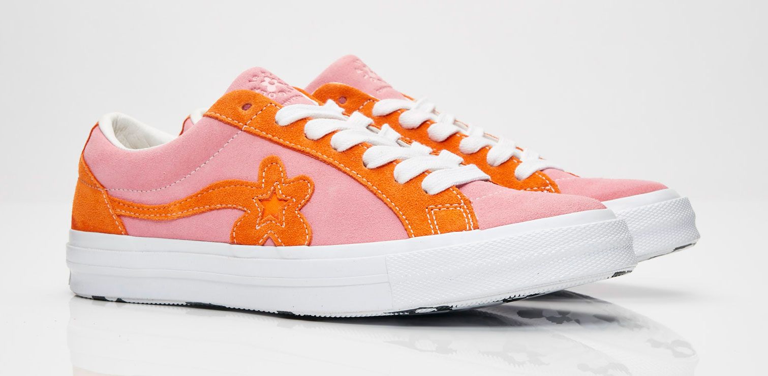 Converse x Golf le Fleur One Star product image of a pair of pink and orange sneakers.