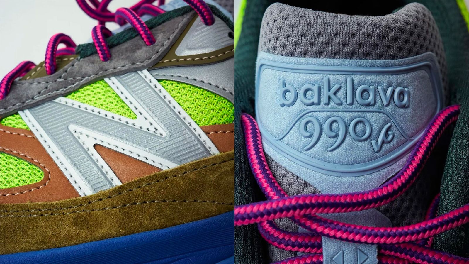 Action Bronson x New Balance 990v6 Baklava product image of a grey, brown, green, orange, blue, and pink sneaker close-up.