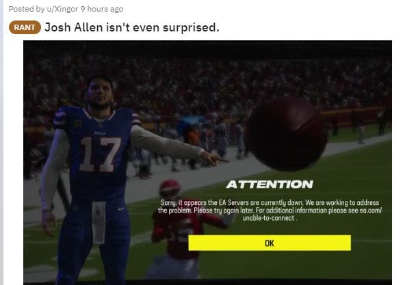 Reddit post showing server problems in Madden 24