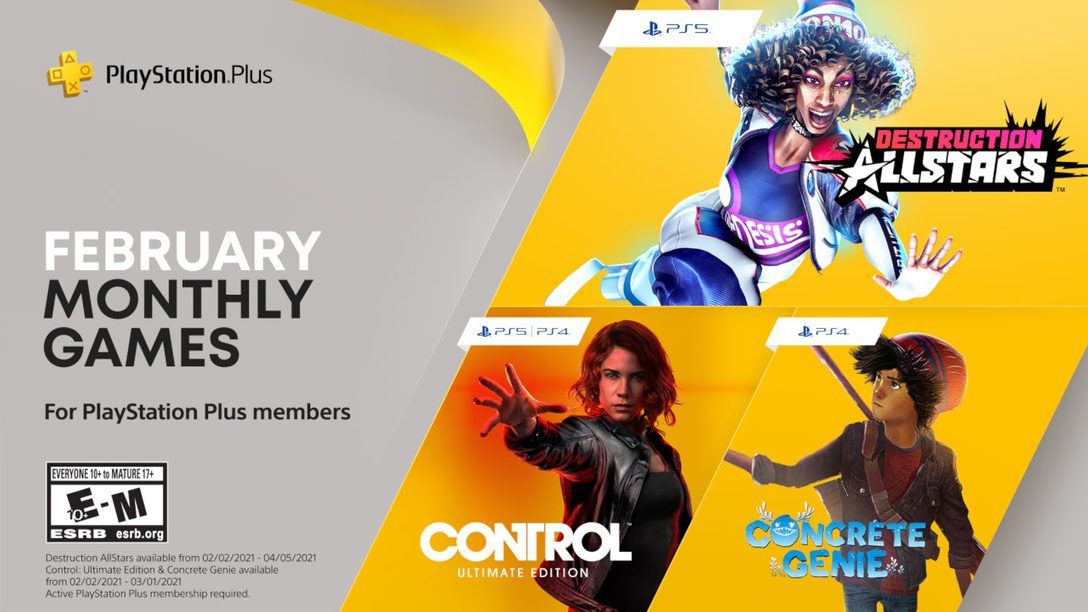 PS Plus February 2021 Games Destruction AllStars Control Concrete Genie PS4 PS5