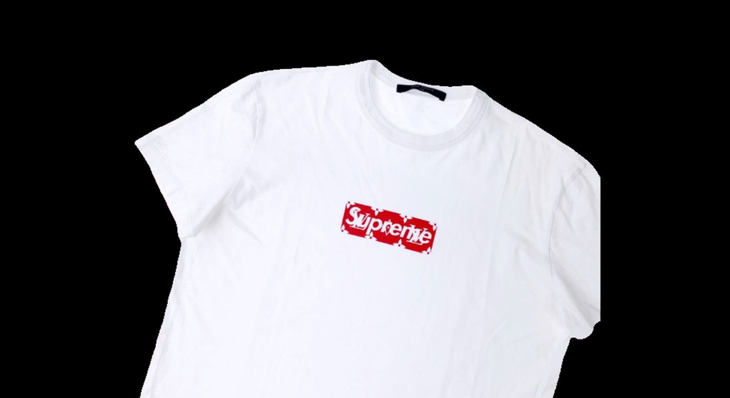 Louis Vuitton x Supreme Box Logo Tee product image of a white tee with a red LV-print box logo.