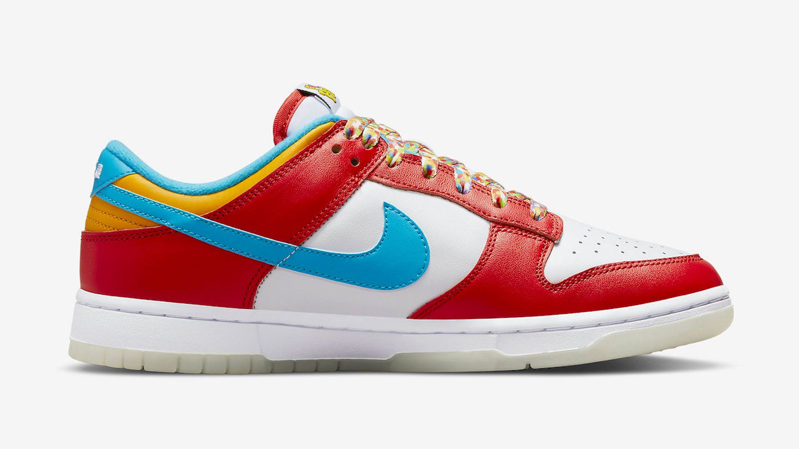 Nike Dunk Low Fruity Pebbles product image of white sneaker with red, blue, and orange overlays, plus multi-coloured laces.