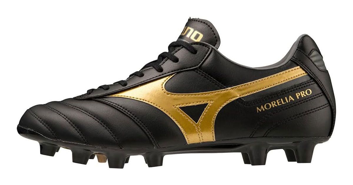 Mizuno Morelia II Pro product image of a black football boot featuring gold branding along the side.