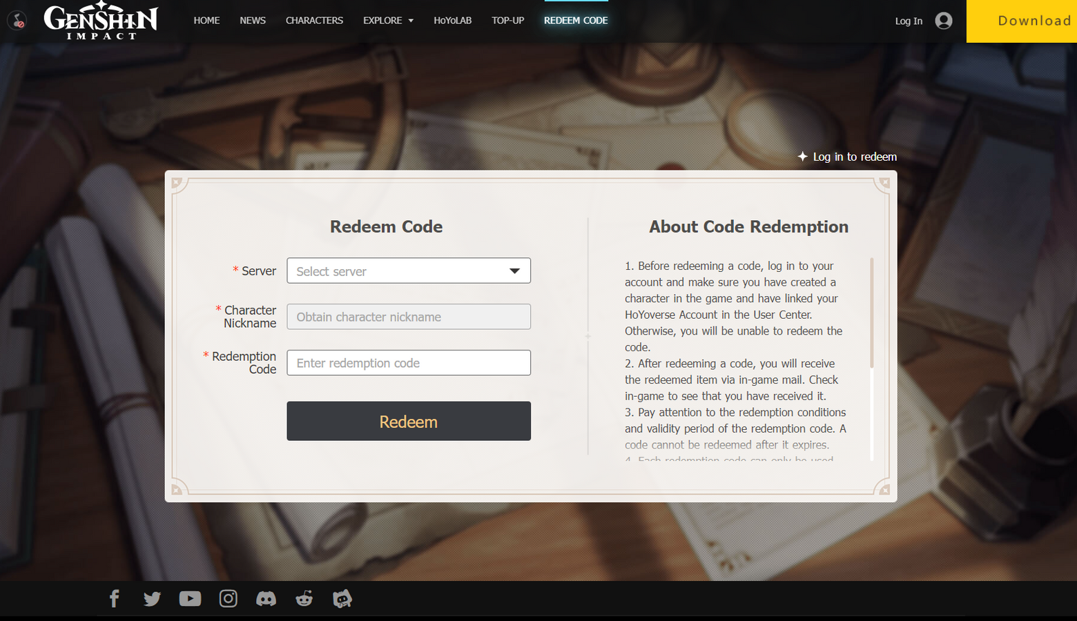 A screenshot of the Genshin Impact official code redeem page