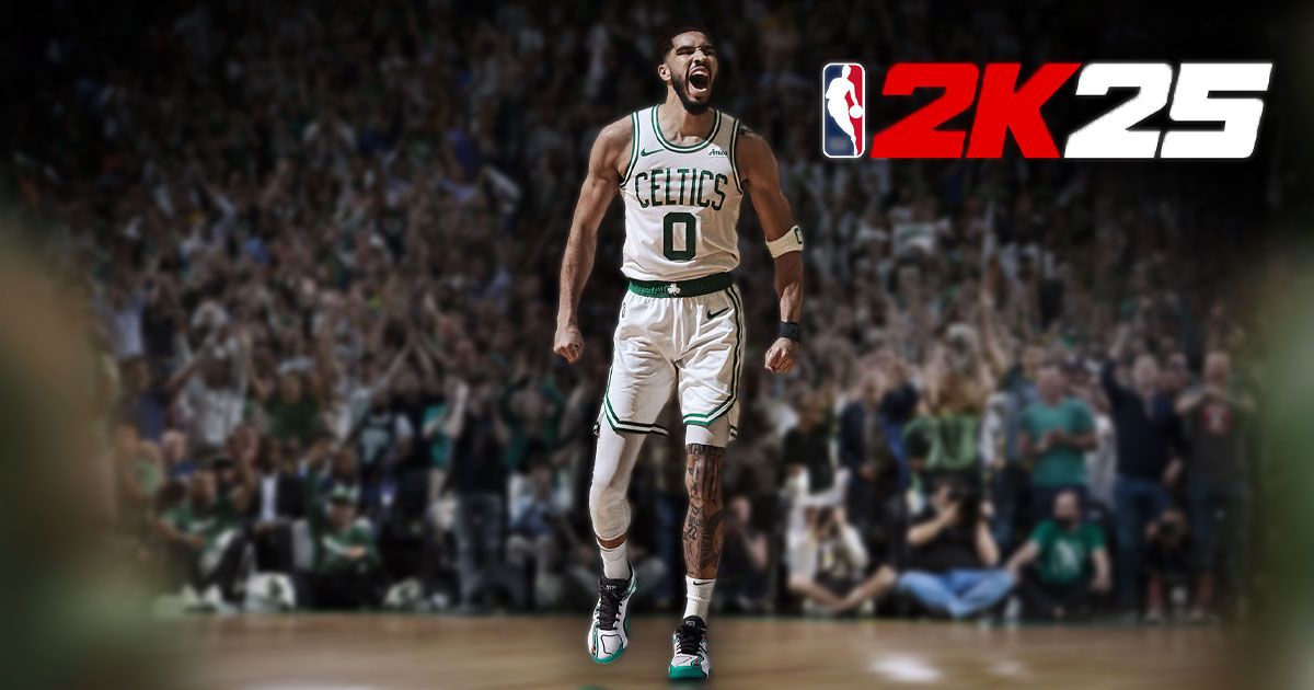 Jayson Tatum in a white Celtics strip with green trim next to the NBA 2K25 logo in red and white.