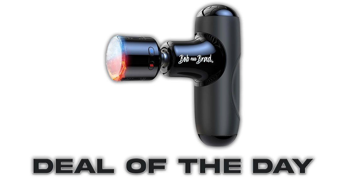 A black pocket-friendly massage gun with a hot and cold head attachment above Deal of the Day branding.