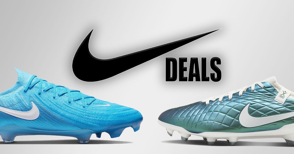 A black Nike Swoosh next to "DEALS" branding with two Nike football boots below in blue and an iridescent green.