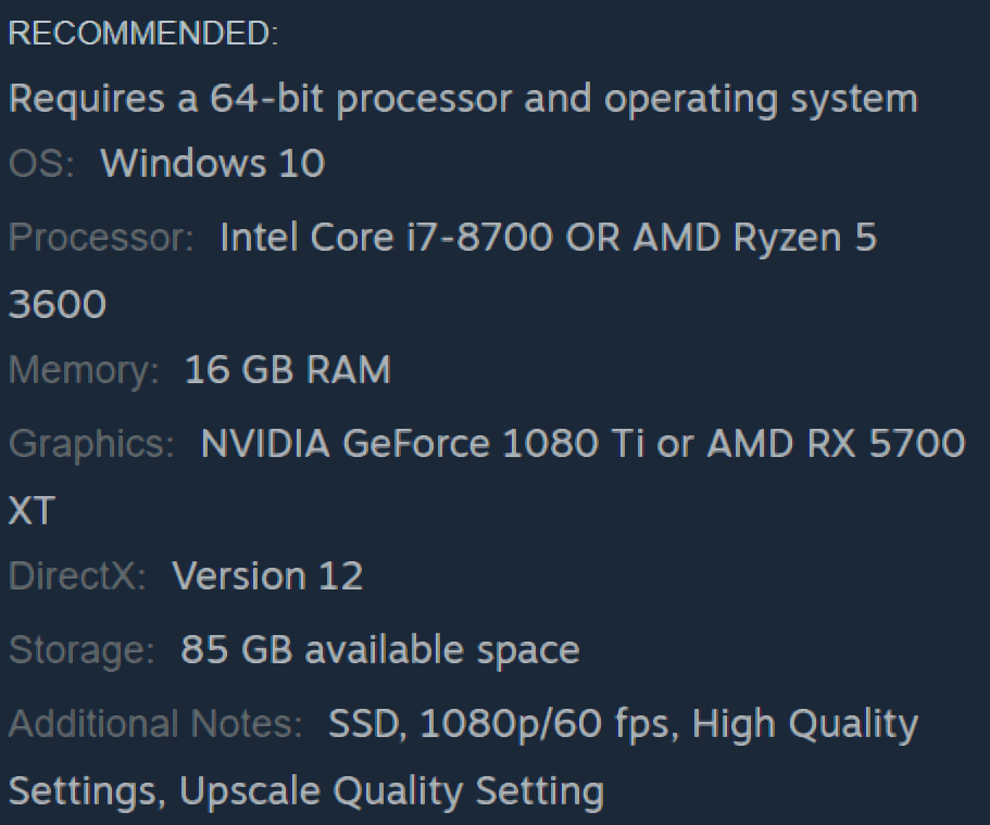 The recommended system requirements for Hogwarts Legacy