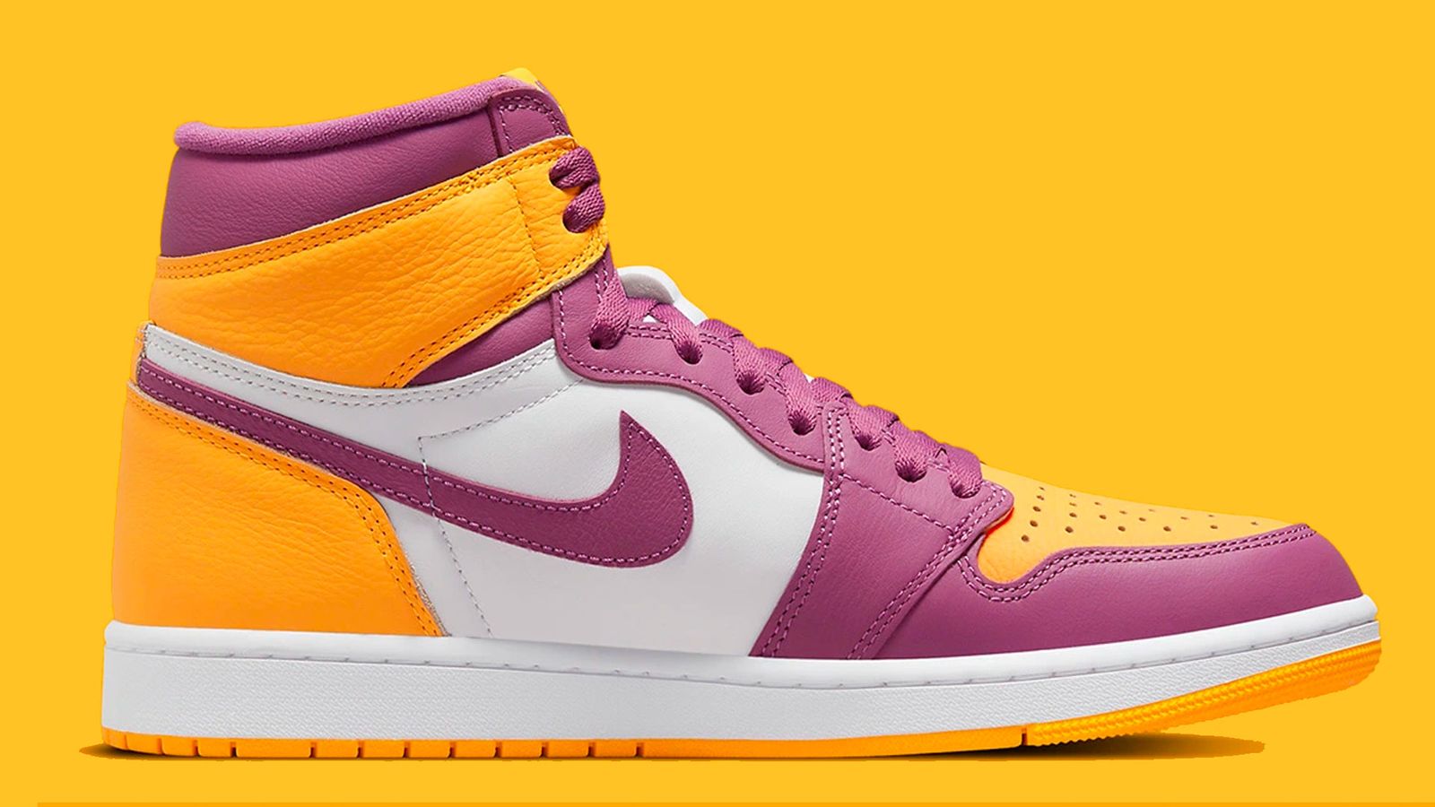 Air Jordan 1 "Brotherhood" product image of a yellow, purple and white sneaker.