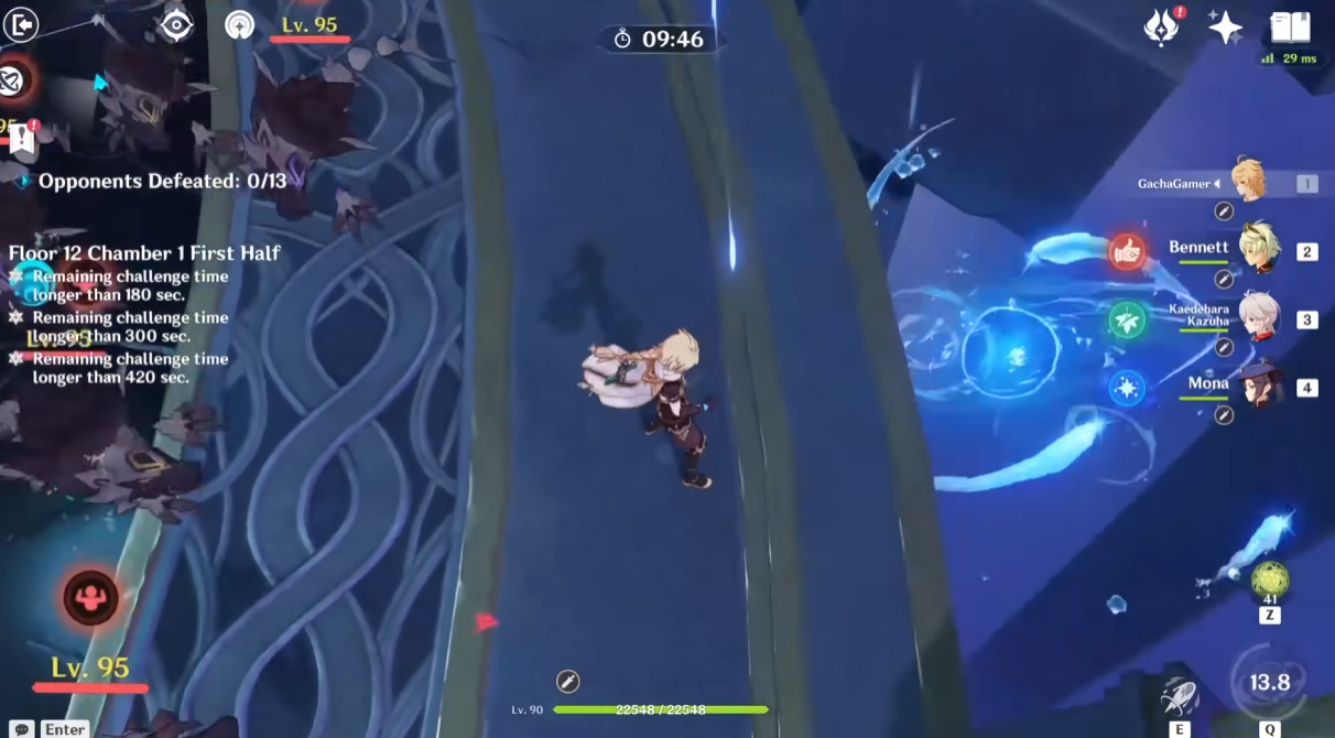 A screenshot from Gacha Gamer YouTube video showcasing the Hydro Traveler's Element Burst travelling out of bounds in the Spiral Abyss