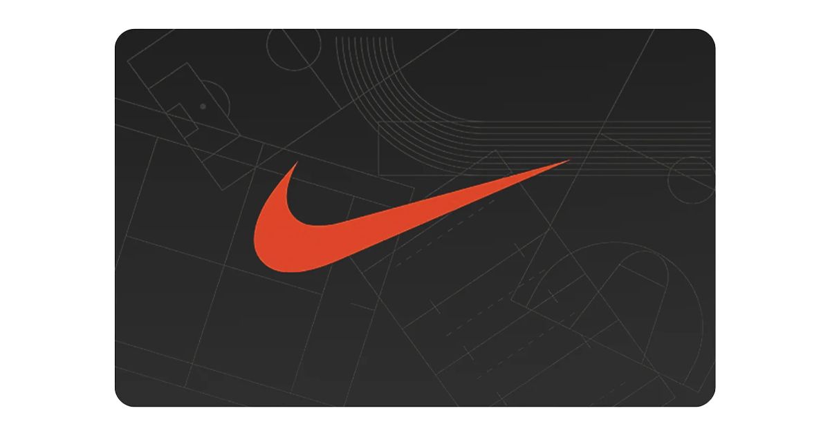 A black gift card featuring Nike's orange Swoosh across the middle.