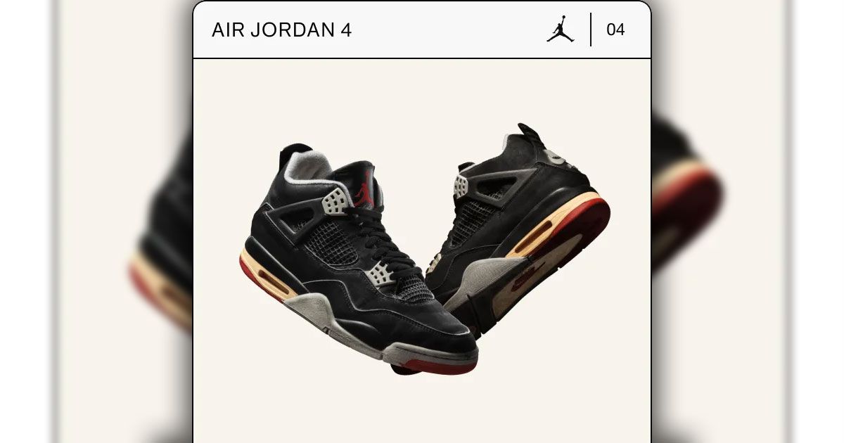 A Air Jordan 4 banner featuring a pair of original black and grey Jordan 4s featuring red trim.