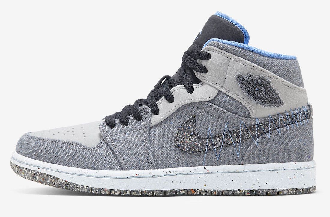 Air Jordan 1 Mid Crater "University Blue" product image of a grey canvas and light blue sneaker.