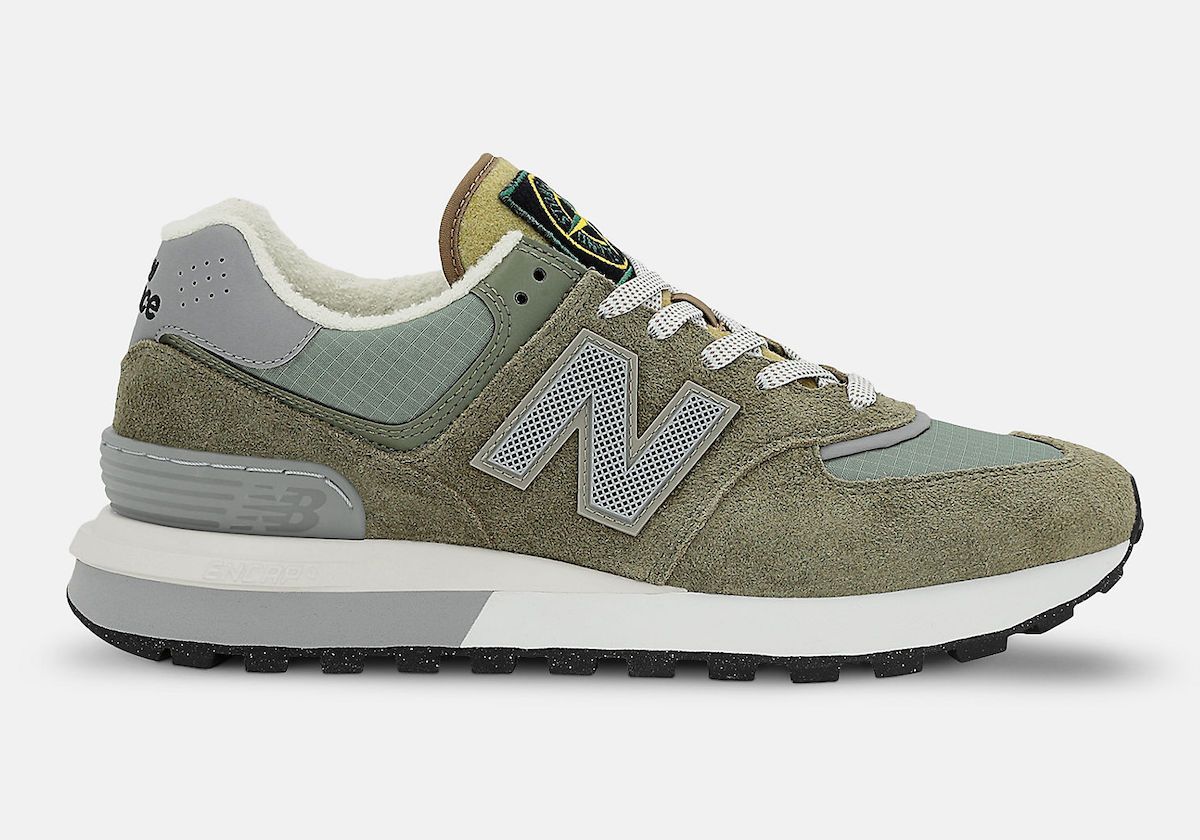 Stone Island x New Balance 574 Legacy "Steel Blue Green" shoes with a dark green hue constructed in a mix of ripstop and suede materials giving off a deconstructed archive inspired look