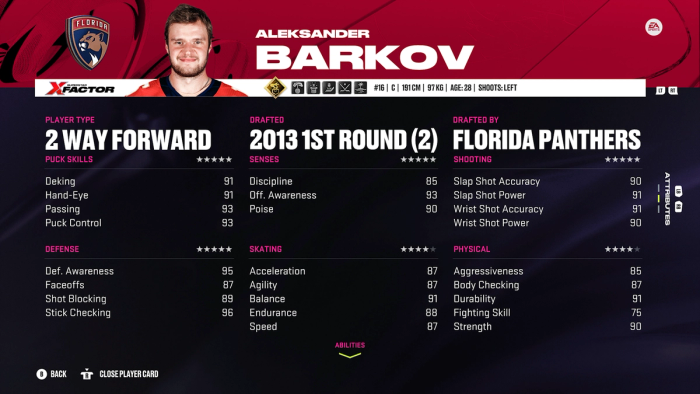 NHL 24 Aleksander Barkov attributes