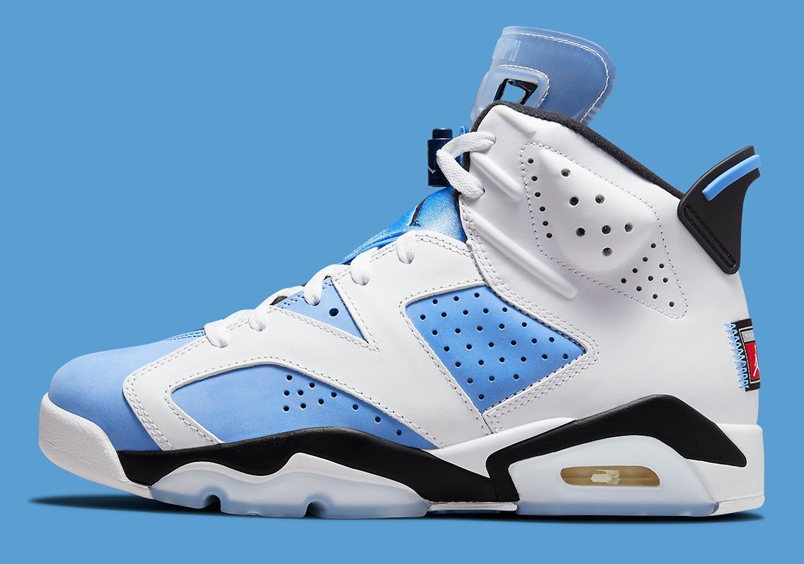 Air Jordan 6 "UNC" product image of a white sneaker with light blue and black details.