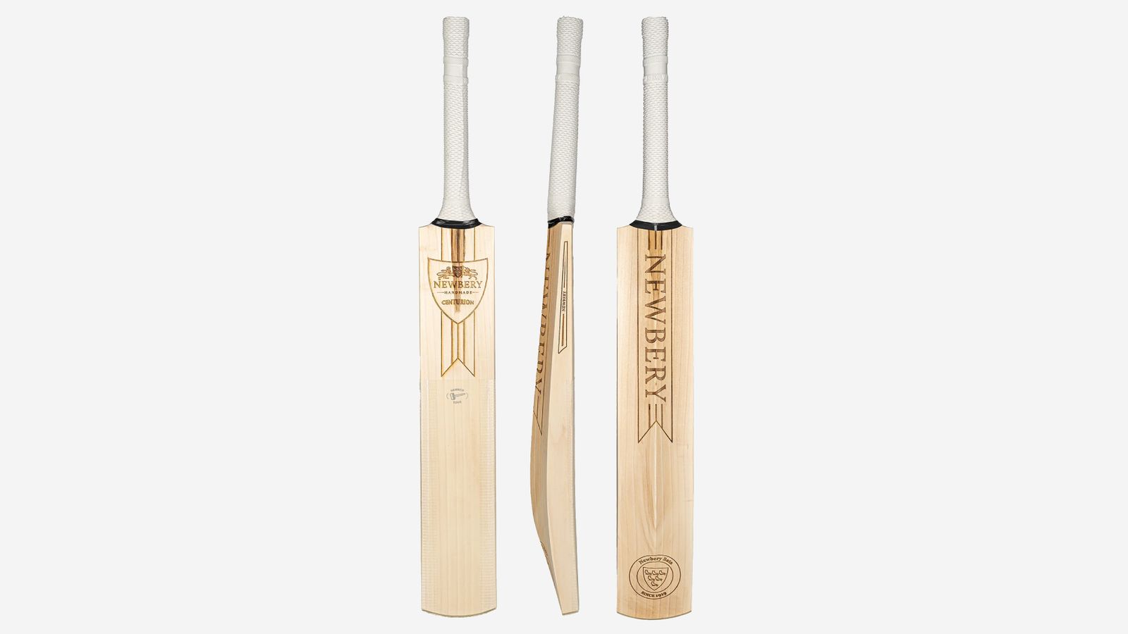 Newbery Centurion Pro product image of a light wood bat with a white handle and branding engraved into the wood.