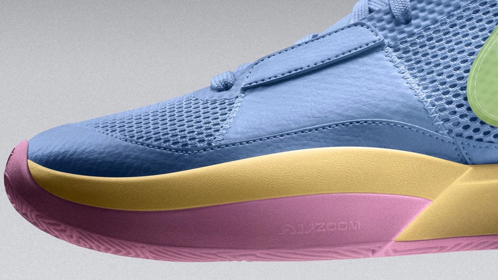 Nike Ja 1 "Day One" product image of a Cobalt Blue, pink, yellow, and faded lime sneaker.