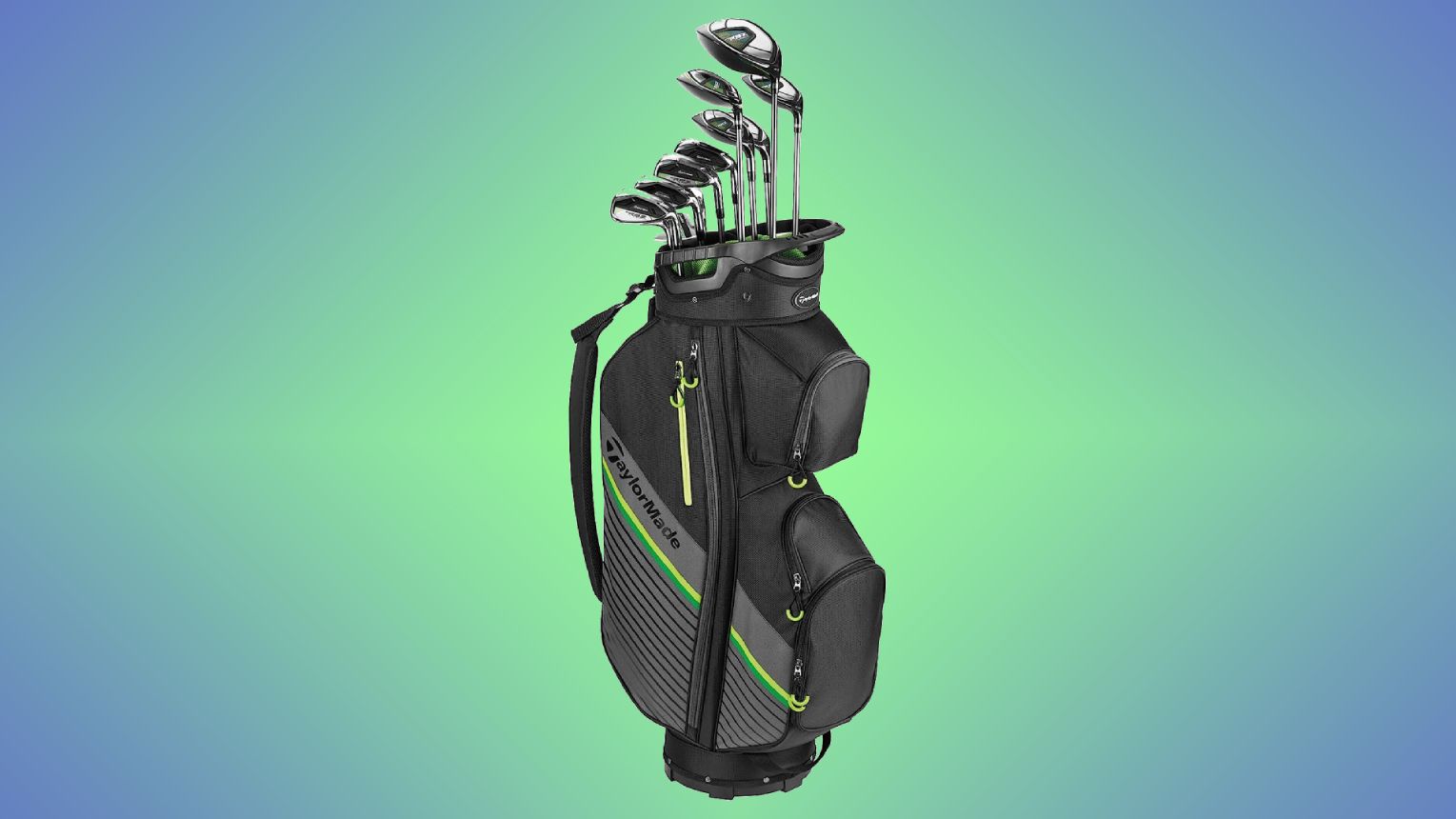 TaylorMade RBZ SpeedLite 11-Piece Set product image of a complete set of clubs in a black bag with green and yellow details.