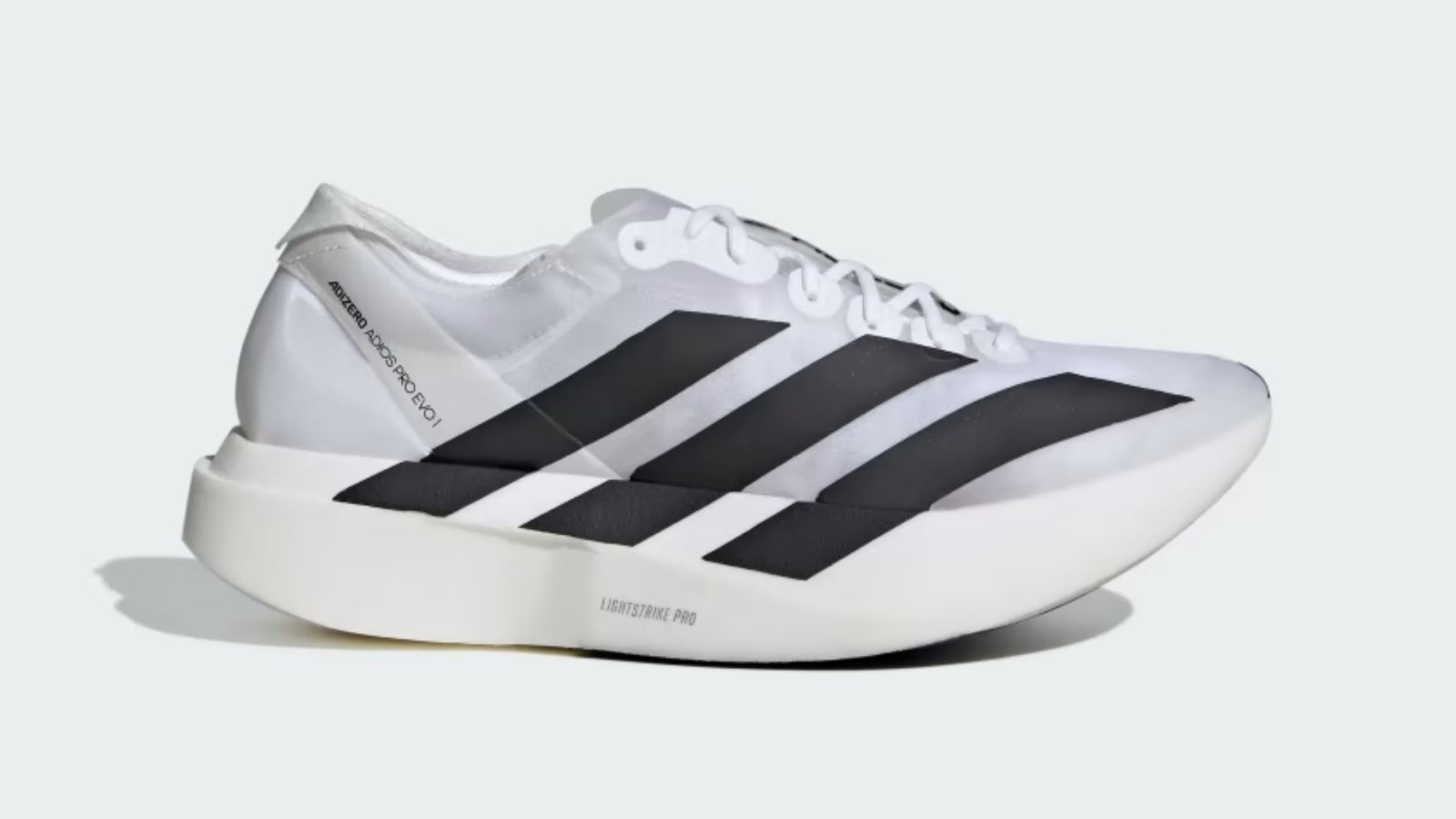 adidas Adizero Adios Pro Evo 1 product image of a white and grey running shoe with oversized three black stripes down the side.