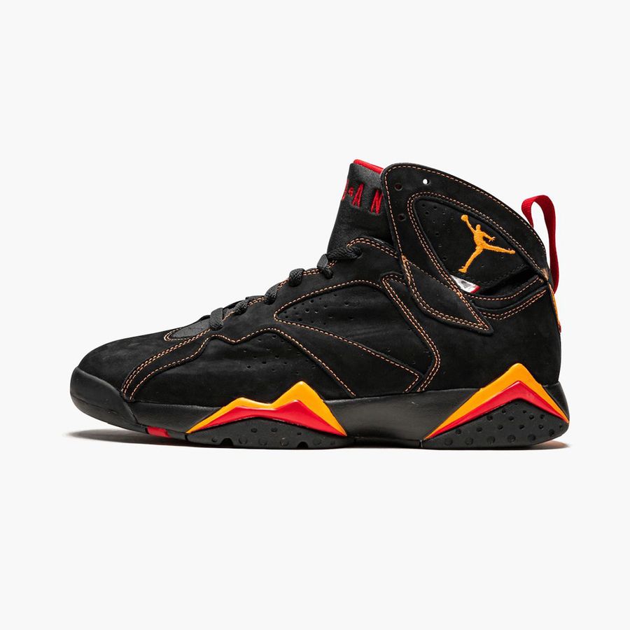 Upcoming Air Jordan 7 colorways "Citrus" product image of a black sneaker with red and orange details.