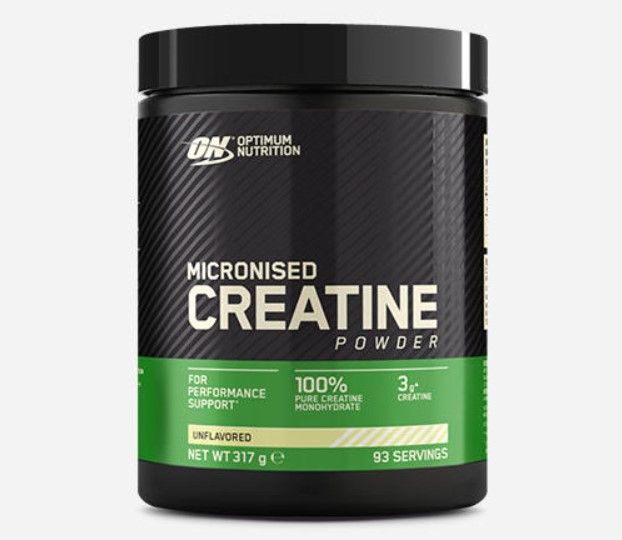 Optimum Nutrition product image of a black and green tub containing powdered creatine.