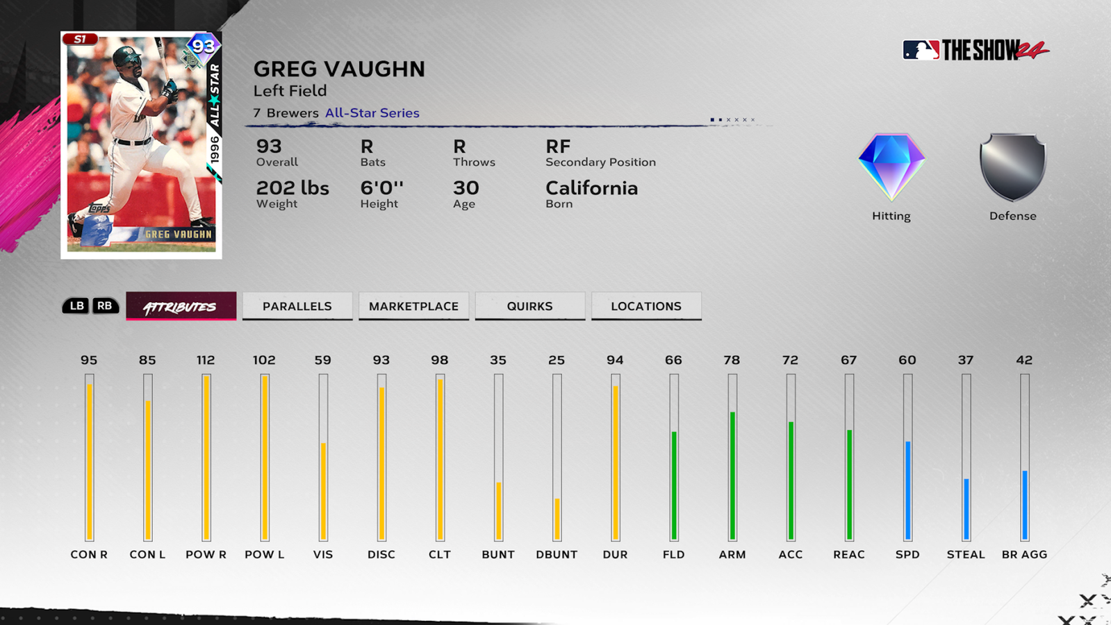 MLB The Show 24 Greg Vaughn Team Affinity Season 1 Chapter 2 card