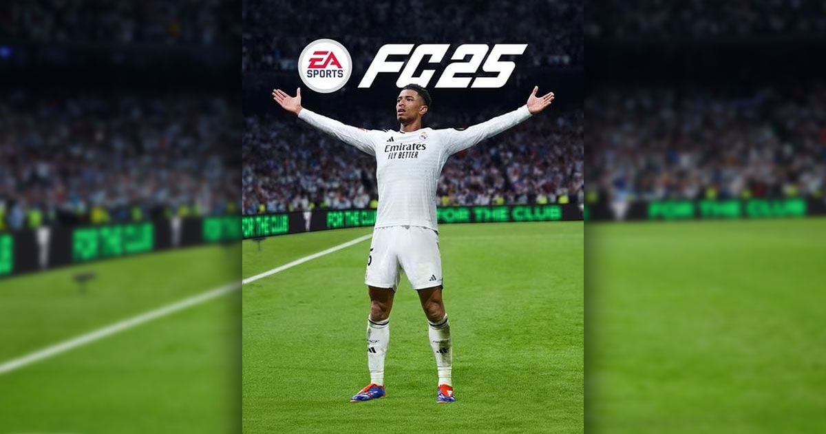 Jude Bellingham in an all-white Real Madrid kit celebrating below EA Sports FC 25 branding.