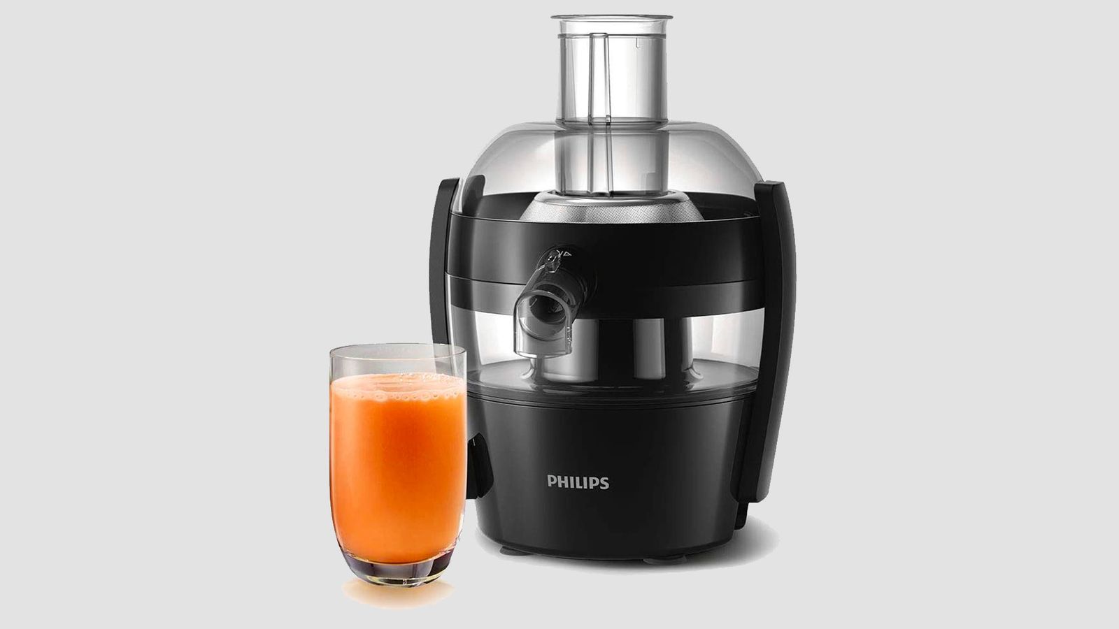 Philips HR1832/01 product image of a black machine with a bright orange juice next to it.