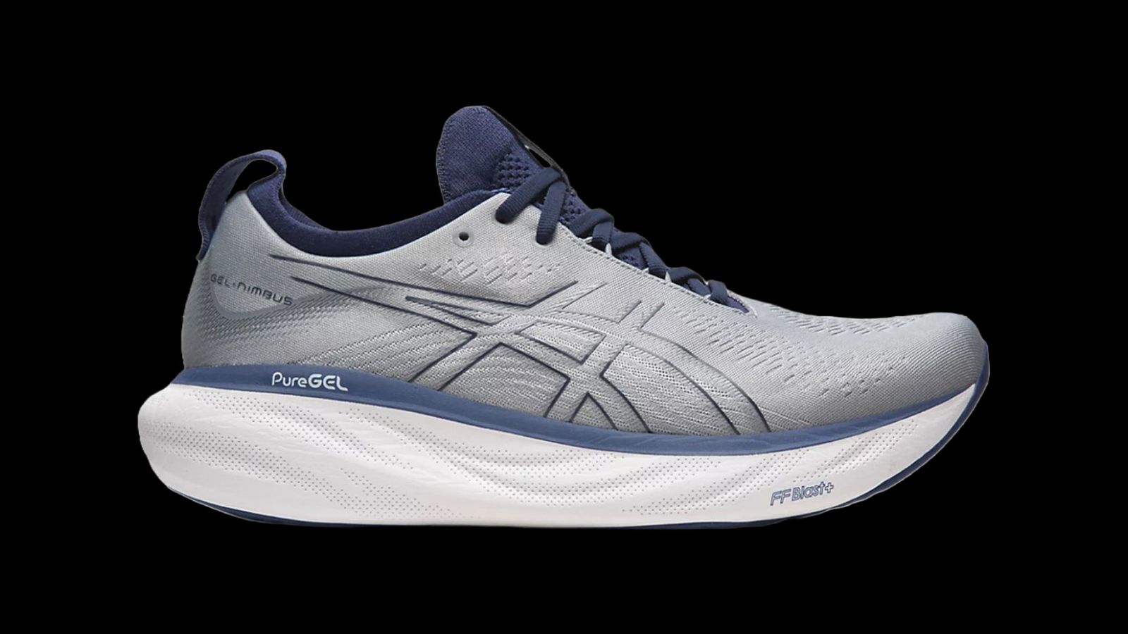 ASICS Gel-Nimbus 25 product image of a grey and blue shoe with a white midsole.