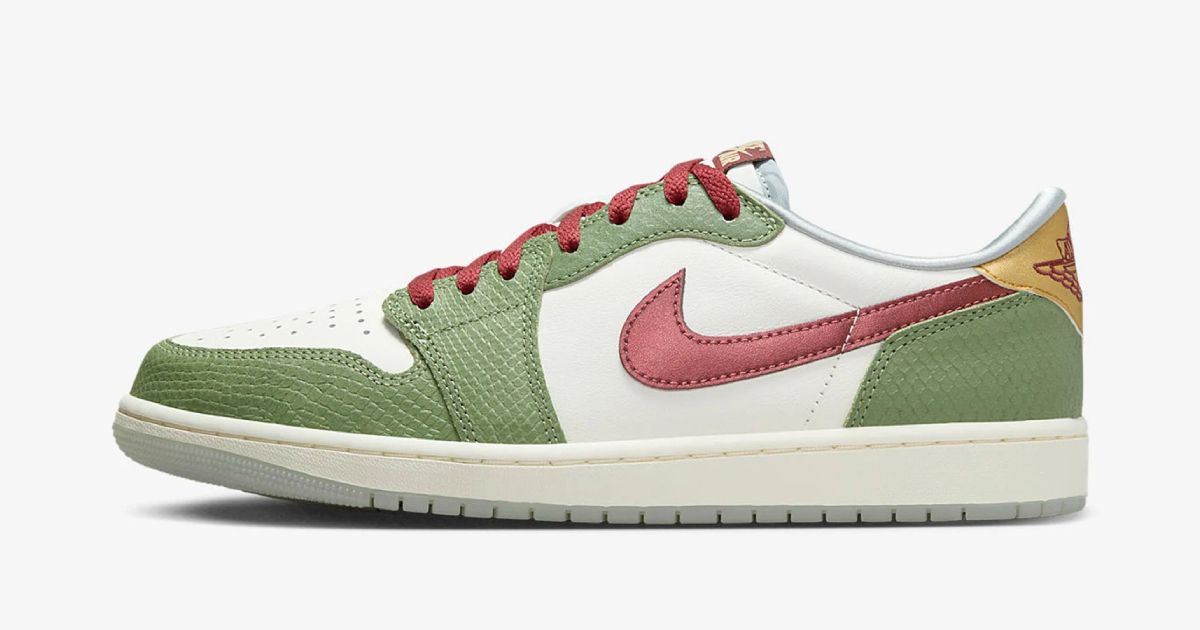 Air Jordan 1 Low "Chinese New Year" product image of a scaly green and off-white low-top featuring burgundy Swooshes and laces.