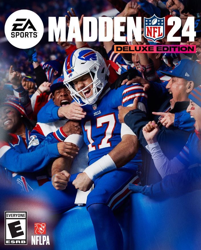 Josh Allen celebrating with the crowd on the cover of Madden 24