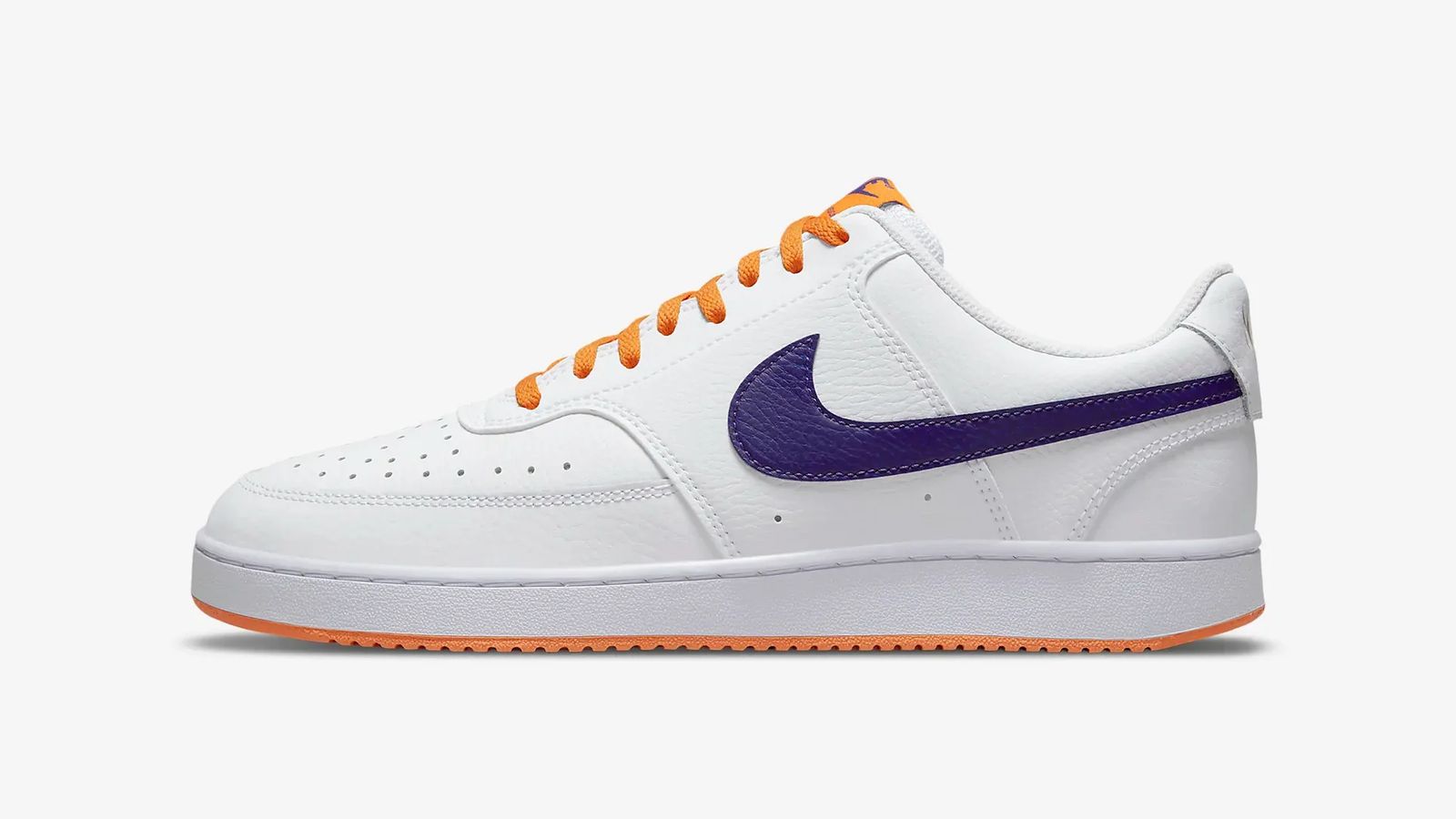 Nike Court Vision Low "White Electric Purple" product image of a white, Light Curry, and Electric Purple low-top sneaker.