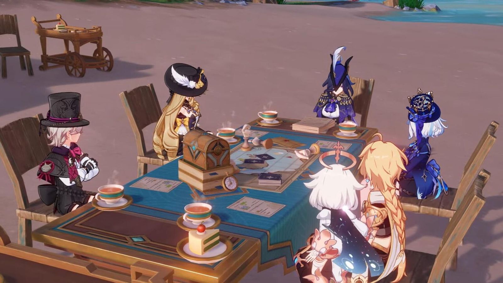 A screenshot of Lyney, Navia, Clorinde, Furina, Traveler and Paimon sitting around a table in Clorinde's Story Quest Rapperia Chapter: Act 1 "Silent Night" in Genshin Impact.
