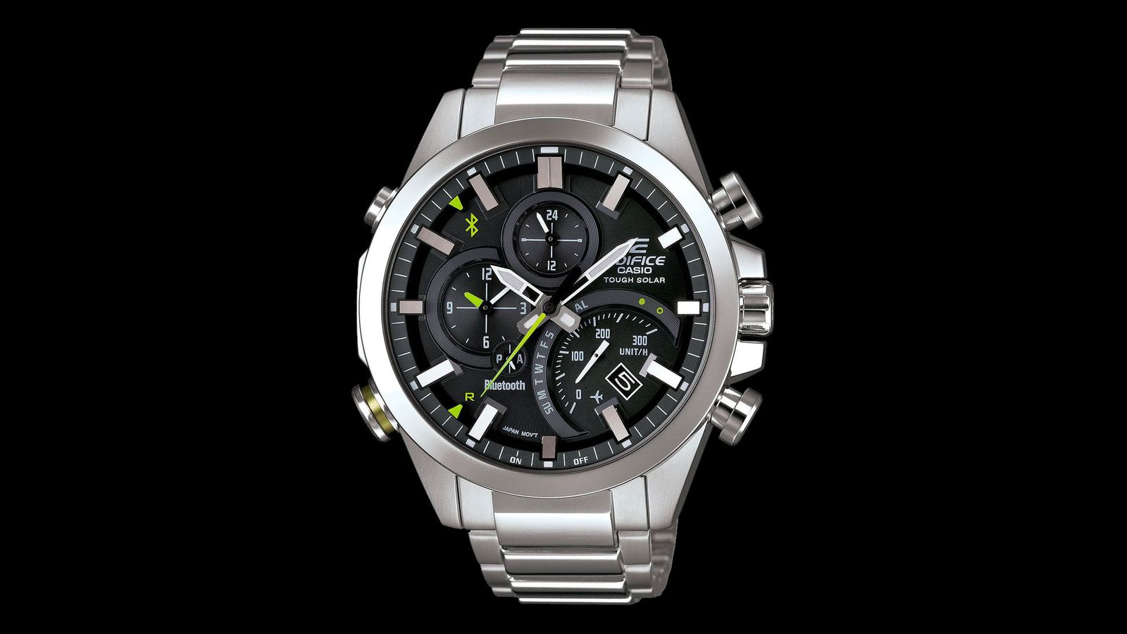 Casio Edifice EQB-500D-1AER product image of a silver analog watch with a black face and green dials.