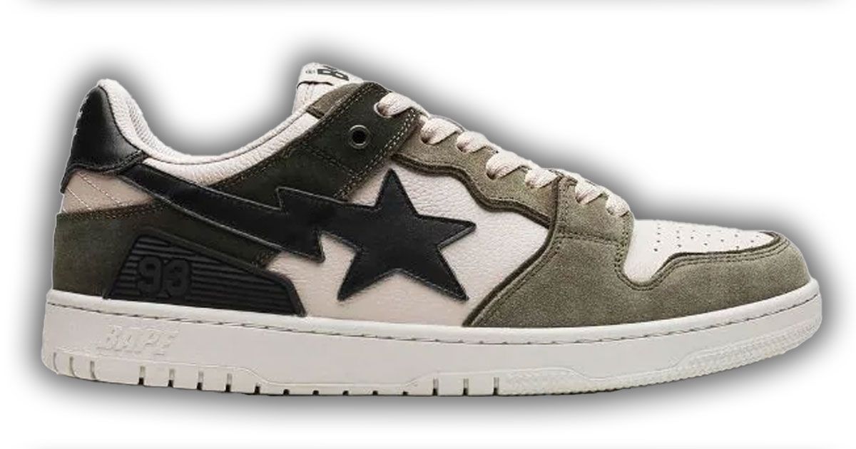 BAPE SK8 Sta product image of a olive suede and cream-colored low-top shoe with black branding.