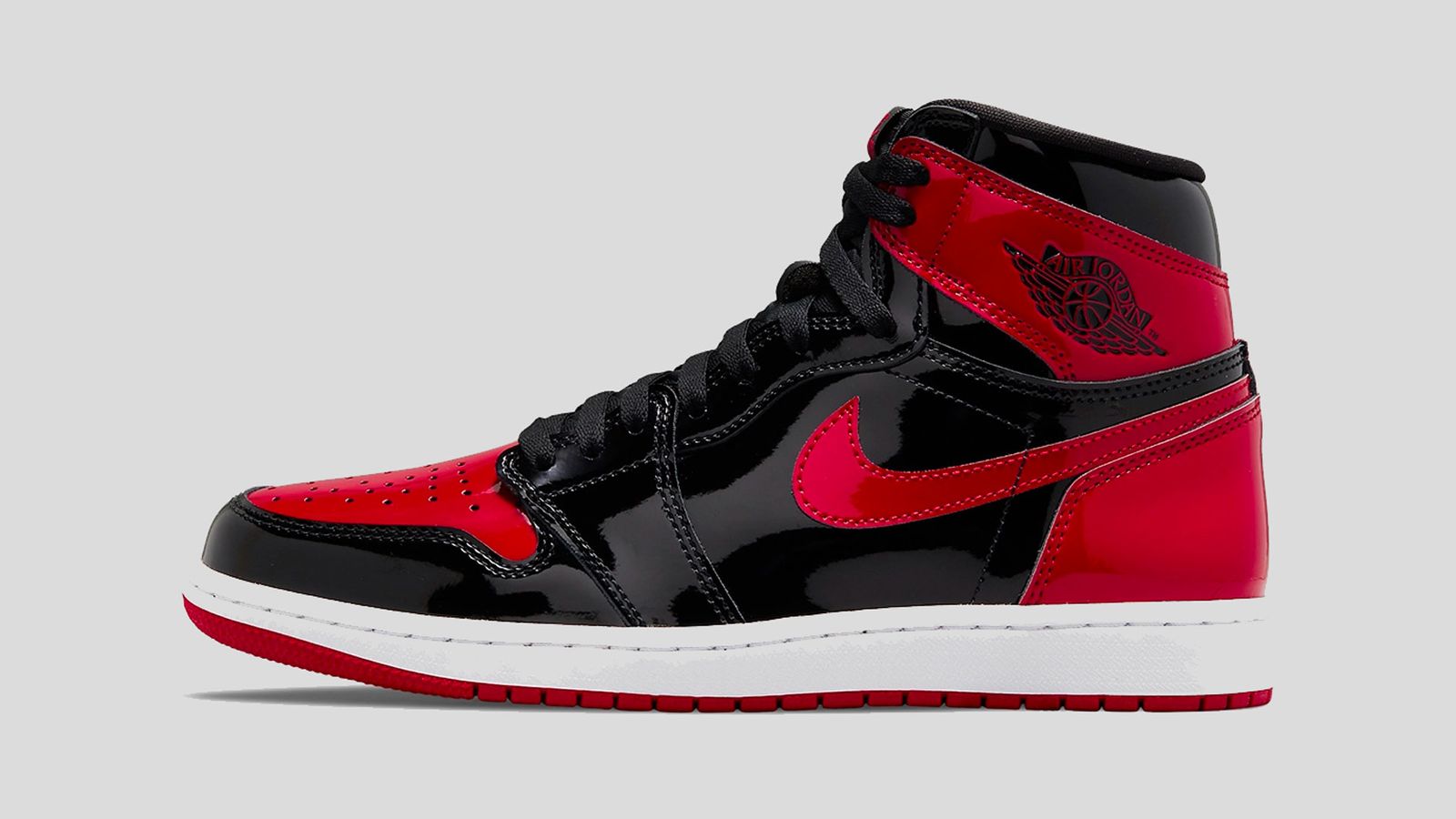 Air Jordan 1 in a patent leather black and red colourway.