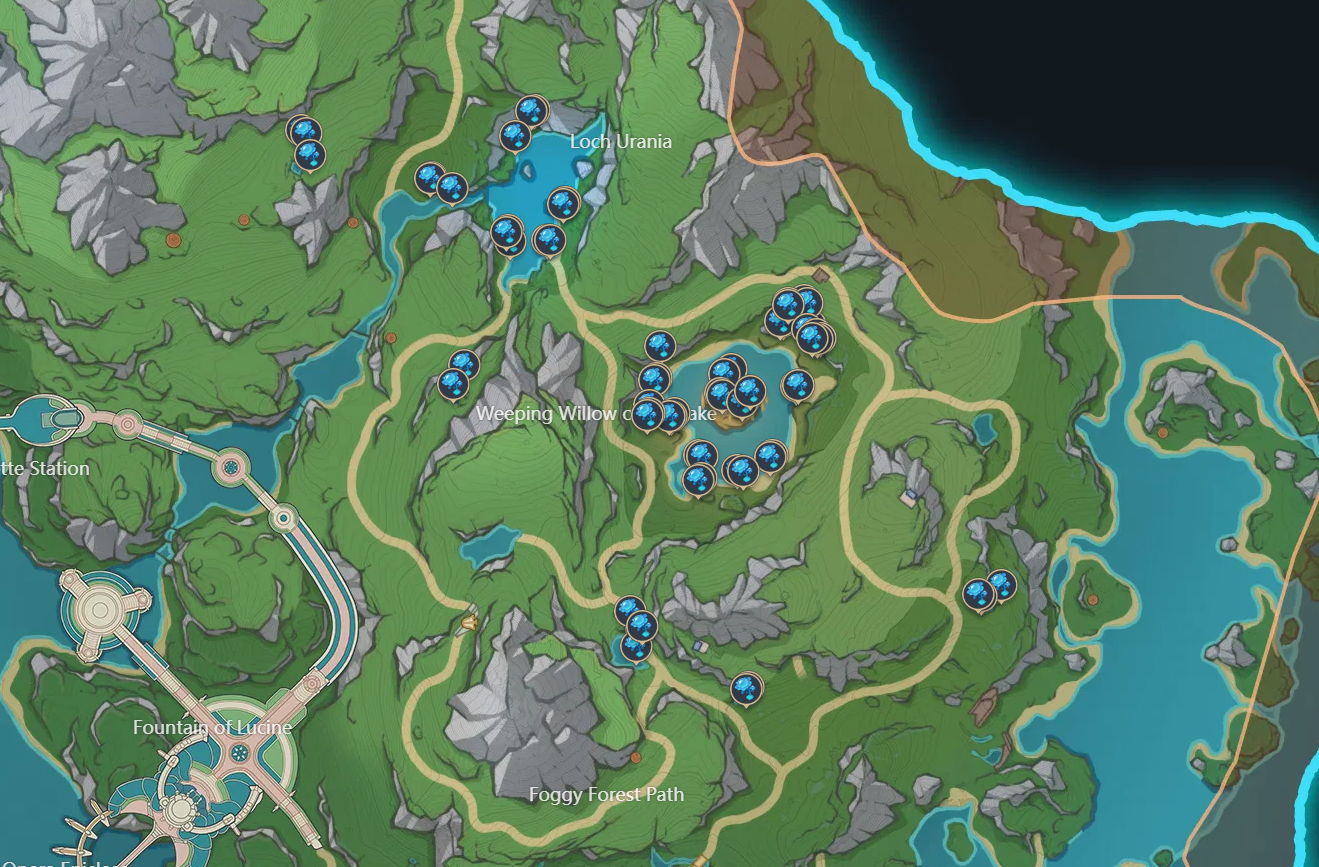 A screenshot of all Lakelight Lily locations from the Genshin Impact Teyvat Interactive Map.