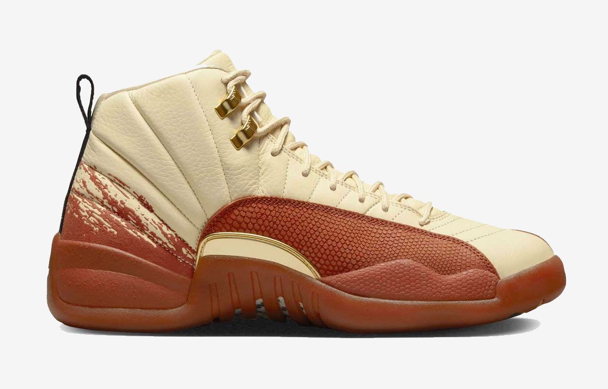 Eastside Golf x Air Jordan 12 product image of a Muslin and Black-Burnt Sunrise high-top with metallic gold accents.