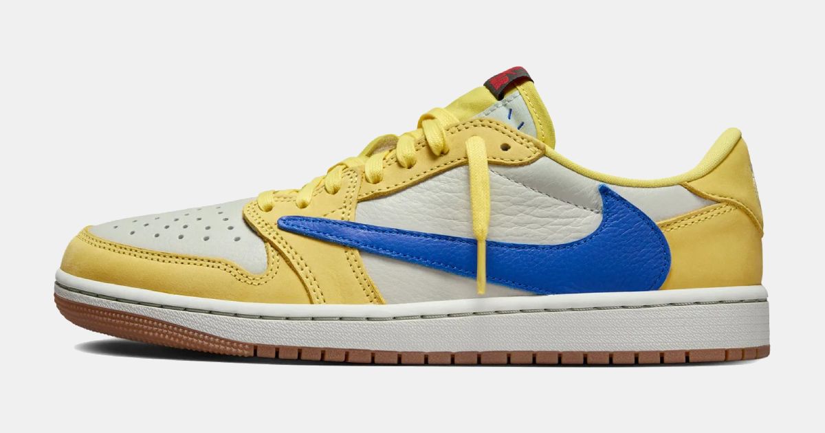 Travis Scott x Air Jordan 1 Low "Canary" product image of a pale yellow and off-white low-top with a reverse Swoosh in blue down the sidewall and a gum rubber outsole.